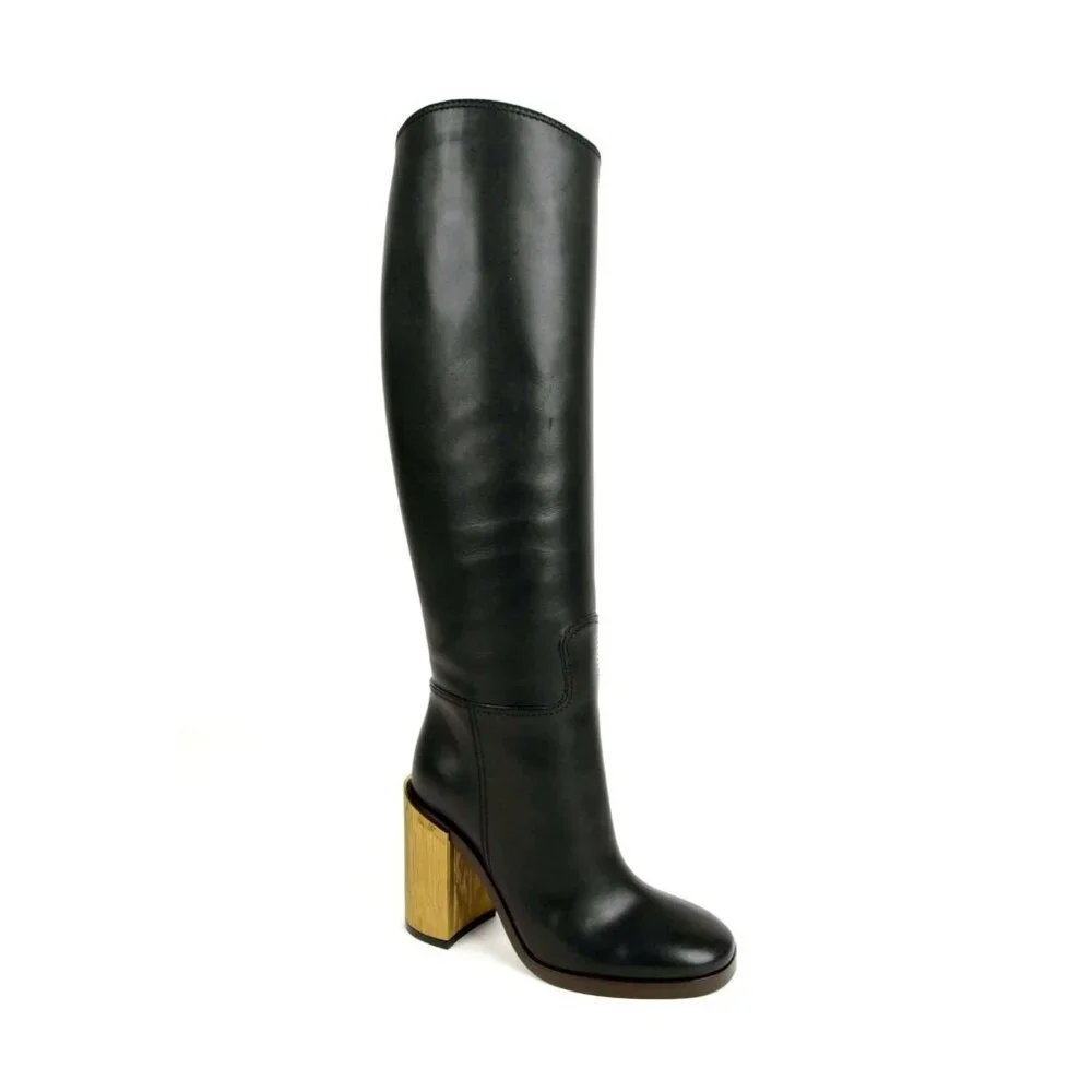 NIB $1800 Gucci Lifford Leather Gold Tone Striped Metallic Knee Boots Black Size